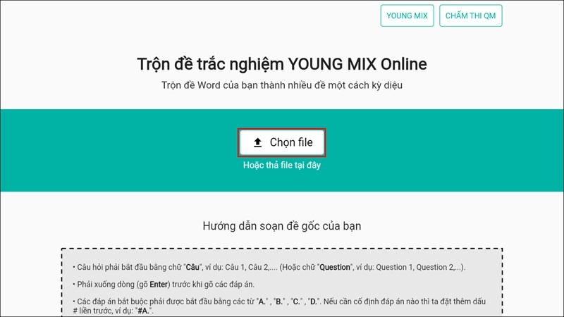 Giao diện web Young Mix Online và thao tác bấm chọn file tải đề gốc lên)